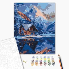   Berghütte unter den Bergen - Malen-nach-Zahlen-Set auf Keilrahmen 40x50