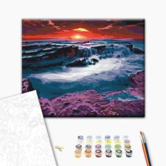   Roter Himmel und schäumende Wellen - Malen-nach-Zahlen-Set auf Keilrahmen 40x50