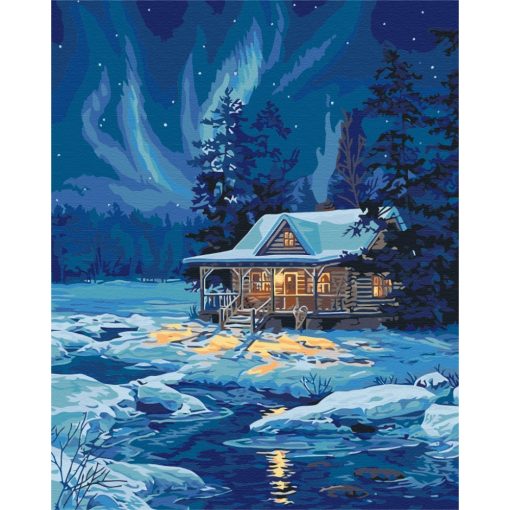 Hütte in der Winterlandschaft - Malen-nach-Zahlen-Set auf Keilrahmen 40x50