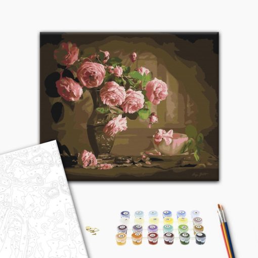 Rosa Rosen Stillleben - Malen-nach-Zahlen-Set auf Keilrahmen 40x50